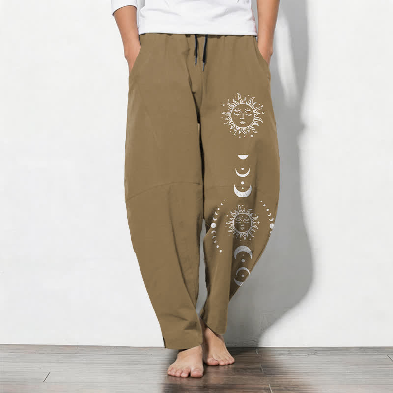 Nimara Ritual Pure Cotton Sun Moon Phase Pattern Drawstring Men's Tapered Pants With Pockets