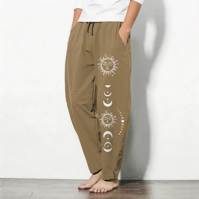 Nimara Ritual Pure Cotton Sun Moon Phase Pattern Drawstring Men's Tapered Pants With Pockets