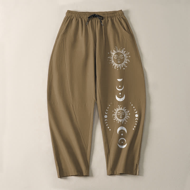 Nimara Ritual Pure Cotton Sun Moon Phase Pattern Drawstring Men's Tapered Pants With Pockets
