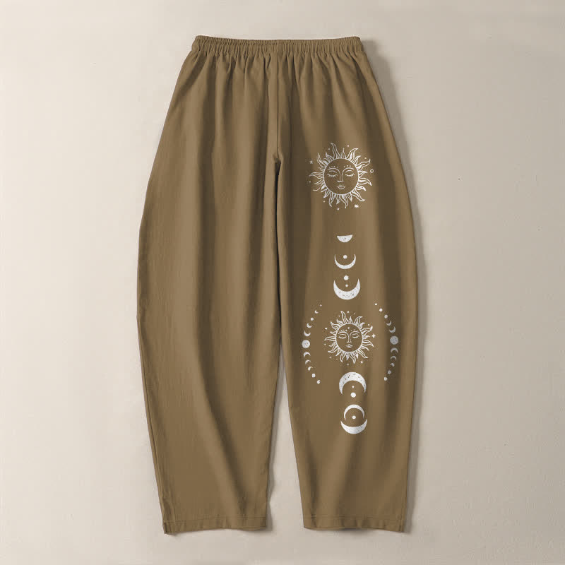 Nimara Ritual Pure Cotton Sun Moon Phase Pattern Drawstring Men's Tapered Pants With Pockets
