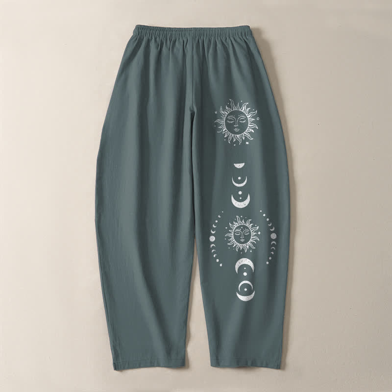 Nimara Ritual Pure Cotton Sun Moon Phase Pattern Drawstring Men's Tapered Pants With Pockets