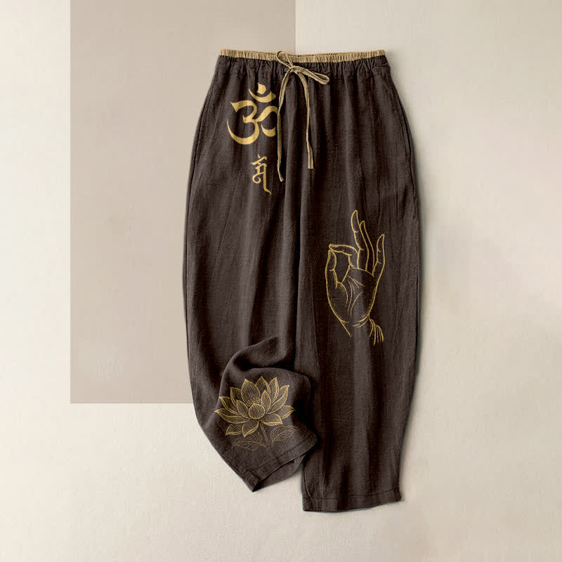 Nimara Ritual Pure Cotton Sacred Om Lotus Pattern Women's Elastic Waist Pants With Pockets