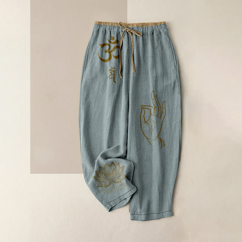 Nimara Ritual Pure Cotton Sacred Om Lotus Pattern Women's Elastic Waist Pants With Pockets
