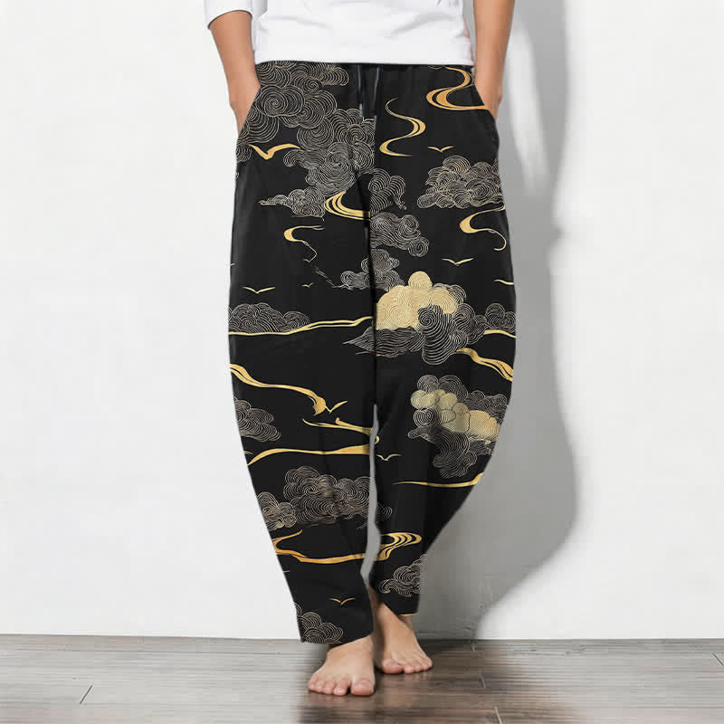 Nimara Ritual Pure Cotton Golden Cloud Wave Pattern Drawstring Men's Tapered Pants With Pockets