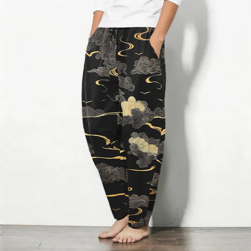 Nimara Ritual Pure Cotton Golden Cloud Wave Pattern Drawstring Men's Tapered Pants With Pockets