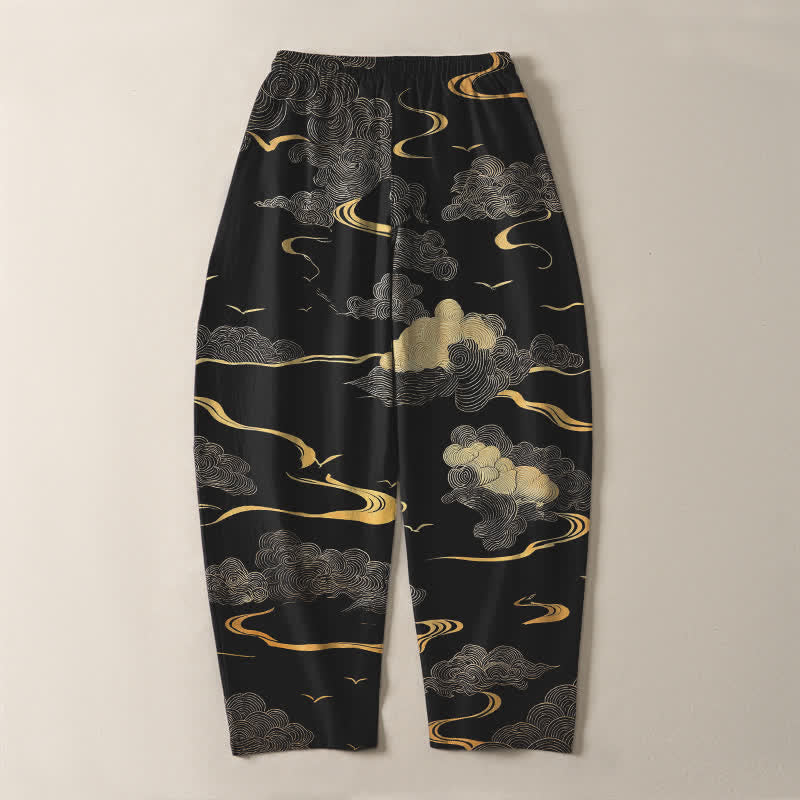 Nimara Ritual Pure Cotton Golden Cloud Wave Pattern Drawstring Men's Tapered Pants With Pockets