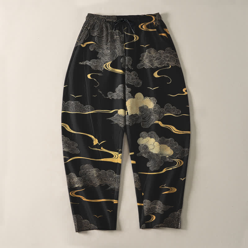 Nimara Ritual Pure Cotton Golden Cloud Wave Pattern Drawstring Men's Tapered Pants With Pockets