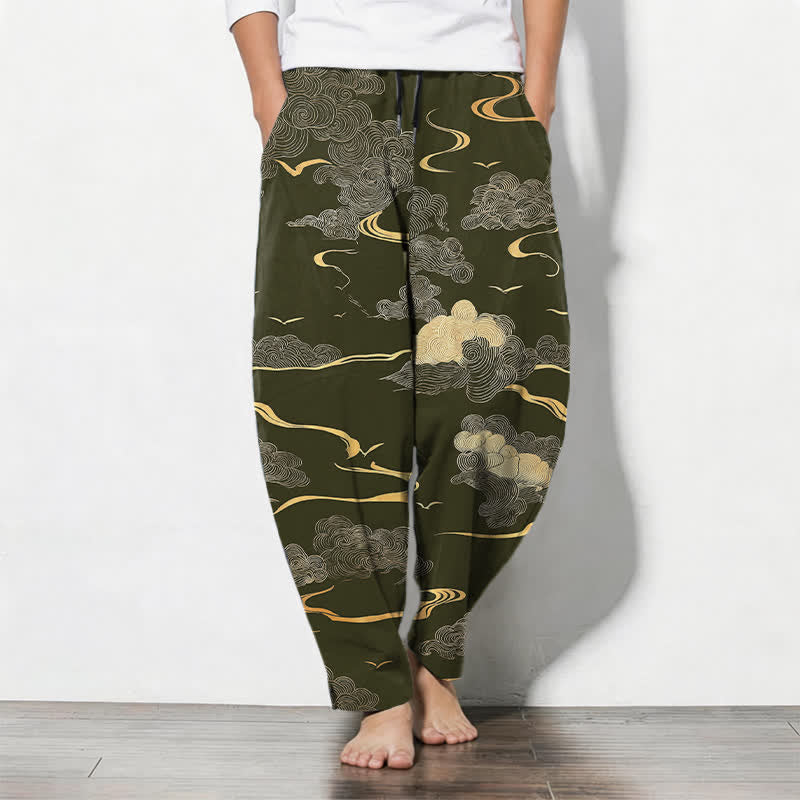 Nimara Ritual Pure Cotton Golden Cloud Wave Pattern Drawstring Men's Tapered Pants With Pockets
