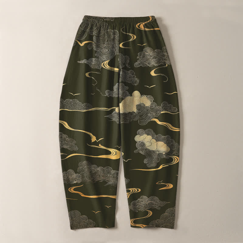Nimara Ritual Pure Cotton Golden Cloud Wave Pattern Drawstring Men's Tapered Pants With Pockets