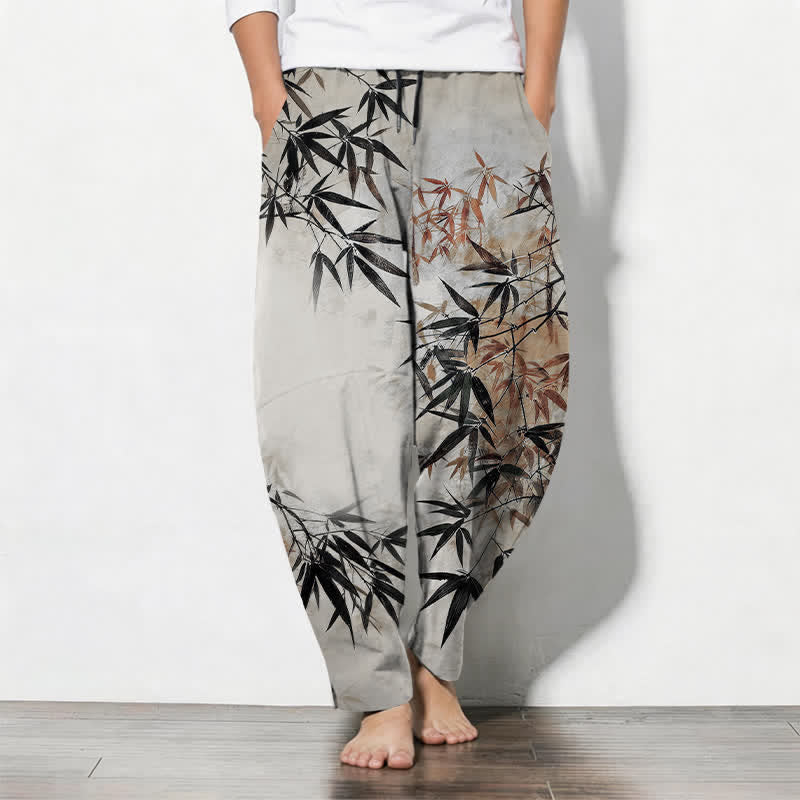 Nimara Ritual Pure Cotton Ink Bamboo Leaf Pattern Drawstring Men's Tapered Pants With Pockets