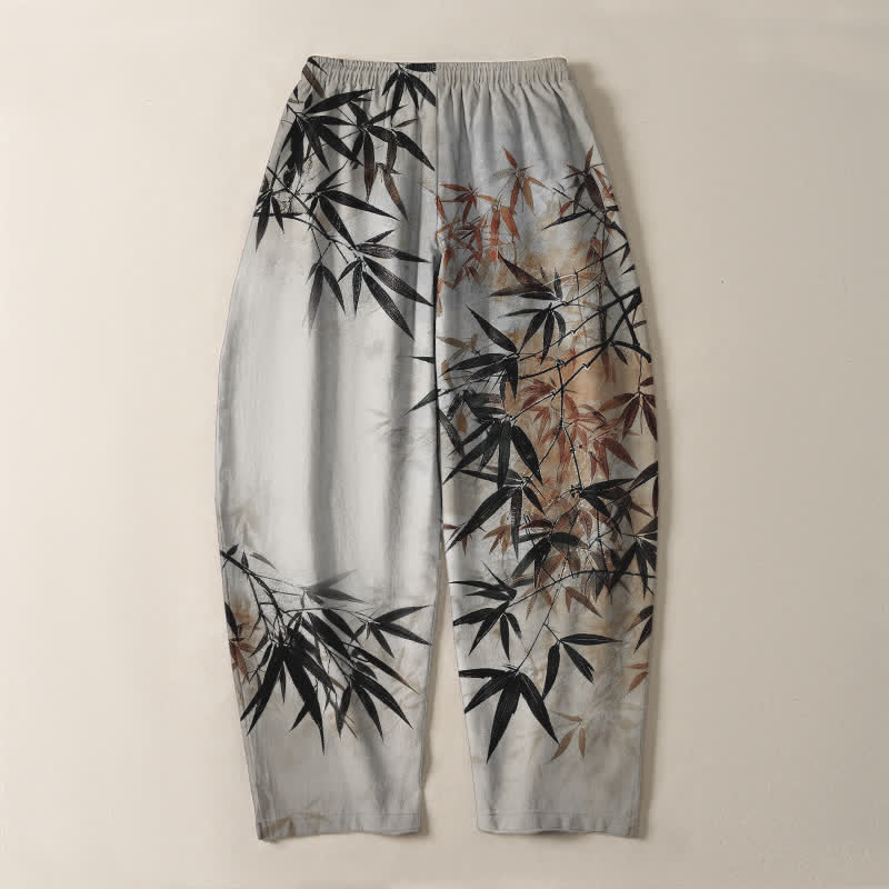 Nimara Ritual Pure Cotton Ink Bamboo Leaf Pattern Drawstring Men's Tapered Pants With Pockets