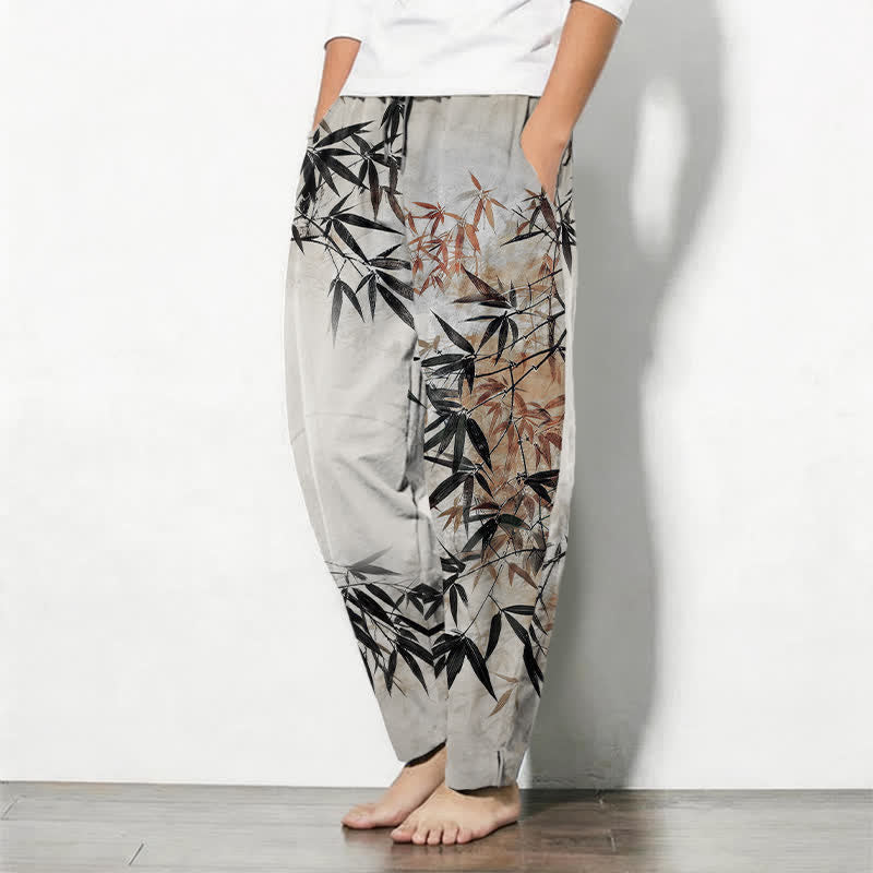 Nimara Ritual Pure Cotton Ink Bamboo Leaf Pattern Drawstring Men's Tapered Pants With Pockets