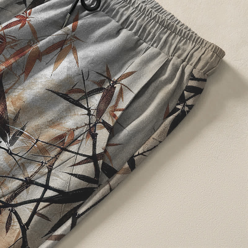 Nimara Ritual Pure Cotton Ink Bamboo Leaf Pattern Drawstring Men's Tapered Pants With Pockets