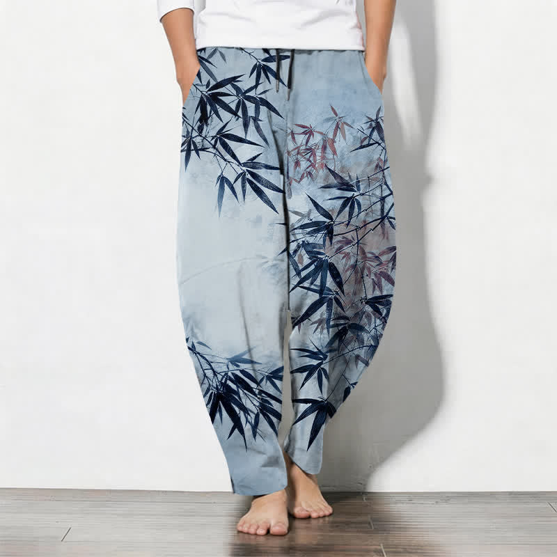 Nimara Ritual Pure Cotton Ink Bamboo Leaf Pattern Drawstring Men's Tapered Pants With Pockets
