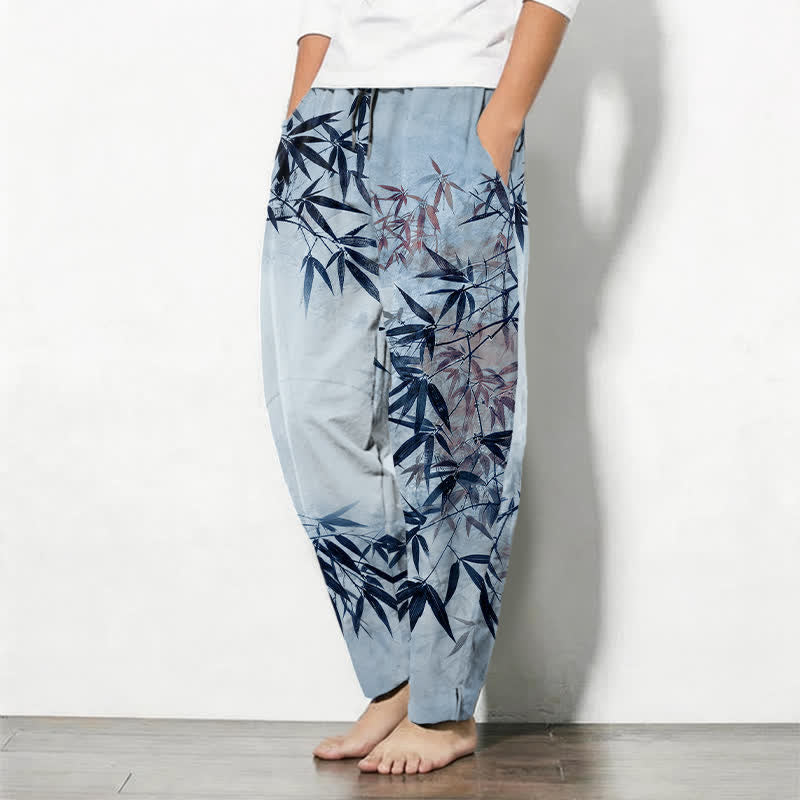 Nimara Ritual Pure Cotton Ink Bamboo Leaf Pattern Drawstring Men's Tapered Pants With Pockets