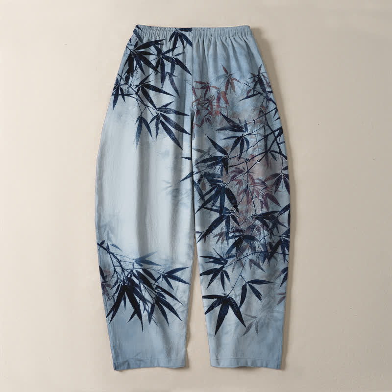 Nimara Ritual Pure Cotton Ink Bamboo Leaf Pattern Drawstring Men's Tapered Pants With Pockets