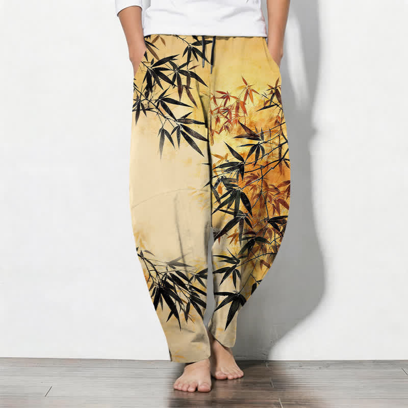 Nimara Ritual Pure Cotton Ink Bamboo Leaf Pattern Drawstring Men's Tapered Pants With Pockets