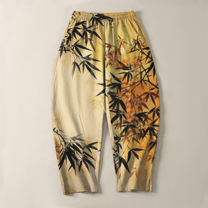 Nimara Ritual Pure Cotton Ink Bamboo Leaf Pattern Drawstring Men's Tapered Pants With Pockets