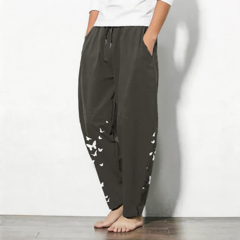 Nimara Ritual Pure Cotton White Butterfly Cluster Pattern Drawstring Men's Tapered Pants With Pockets