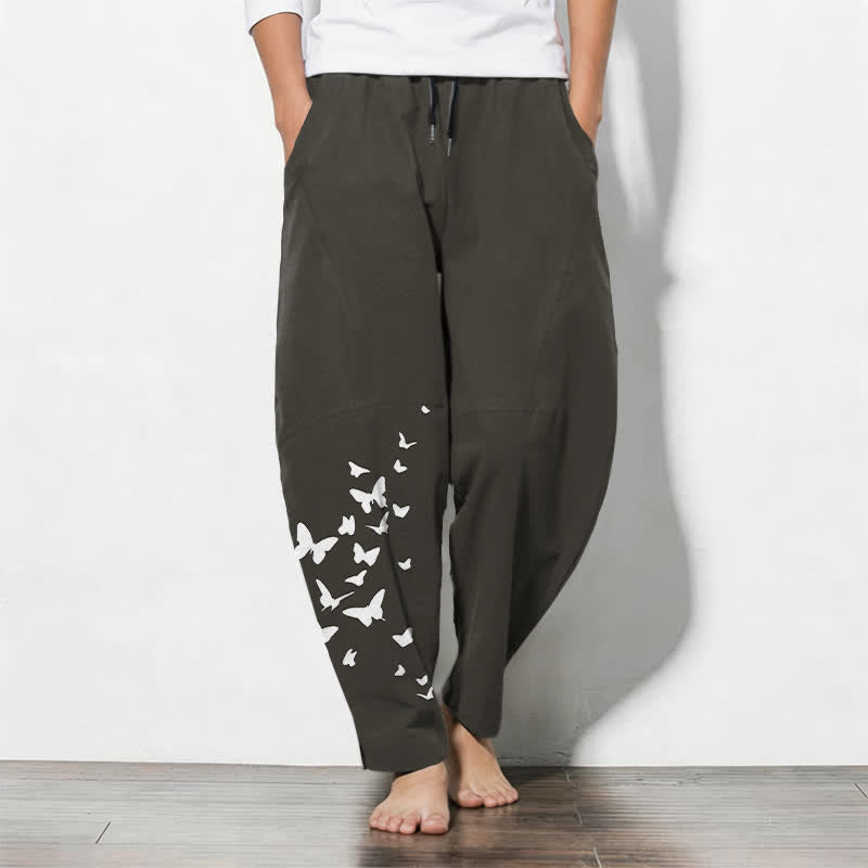 Nimara Ritual Pure Cotton White Butterfly Cluster Pattern Drawstring Men's Tapered Pants With Pockets