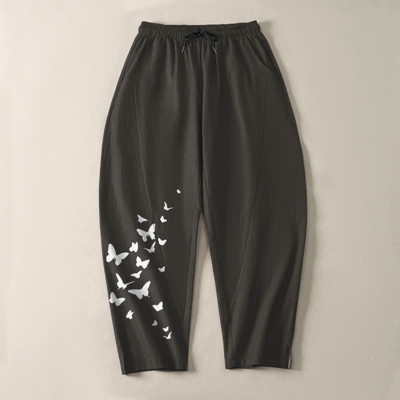 Nimara Ritual Pure Cotton White Butterfly Cluster Pattern Drawstring Men's Tapered Pants With Pockets