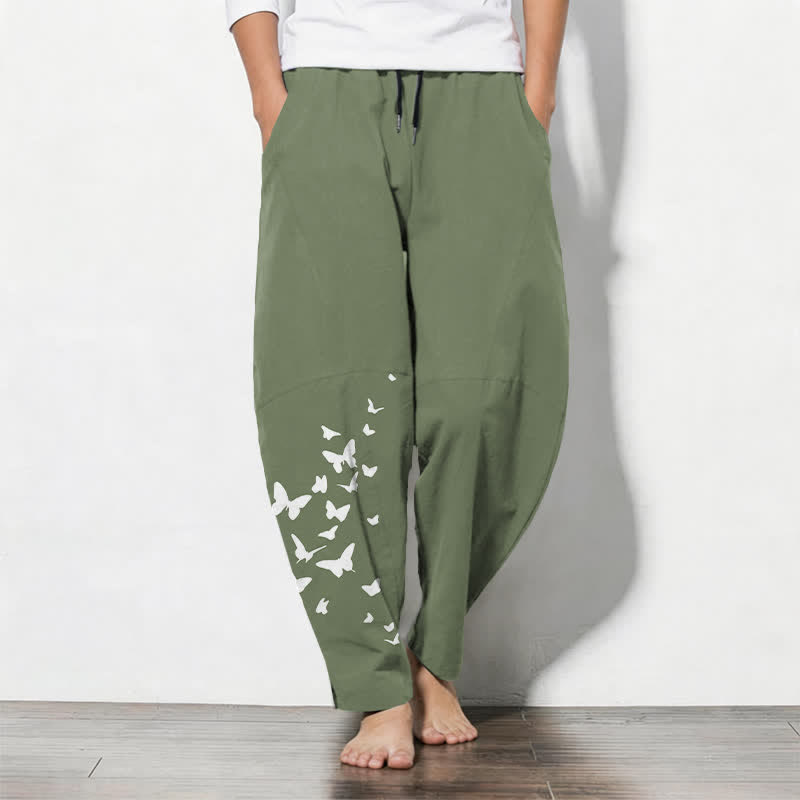 Nimara Ritual Pure Cotton White Butterfly Cluster Pattern Drawstring Men's Tapered Pants With Pockets