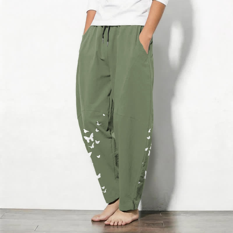 Nimara Ritual Pure Cotton White Butterfly Cluster Pattern Drawstring Men's Tapered Pants With Pockets