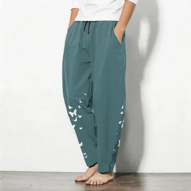 Nimara Ritual Pure Cotton White Butterfly Cluster Pattern Drawstring Men's Tapered Pants With Pockets
