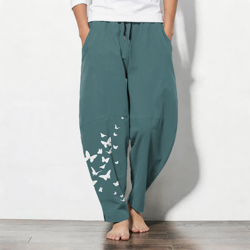 Nimara Ritual Pure Cotton White Butterfly Cluster Pattern Drawstring Men's Tapered Pants With Pockets