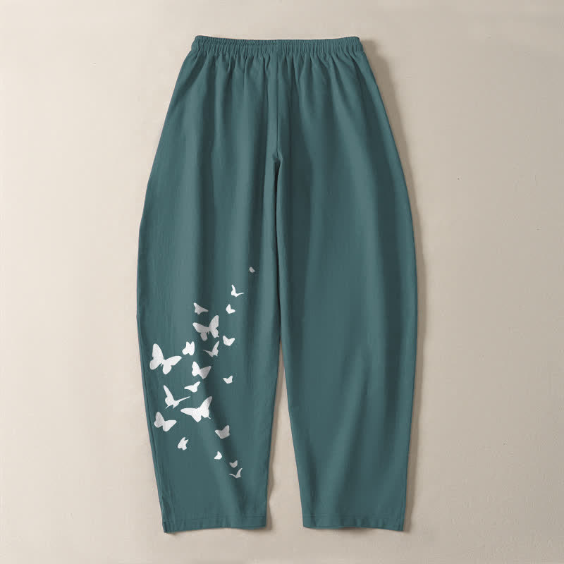 Nimara Ritual Pure Cotton White Butterfly Cluster Pattern Drawstring Men's Tapered Pants With Pockets