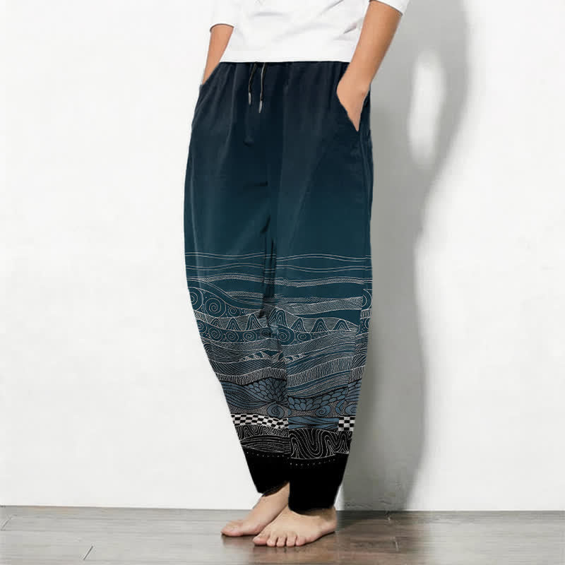 Nimara Ritual Pure Cotton Tribal Wave Pattern Drawstring Men's Tapered Pants With Pockets