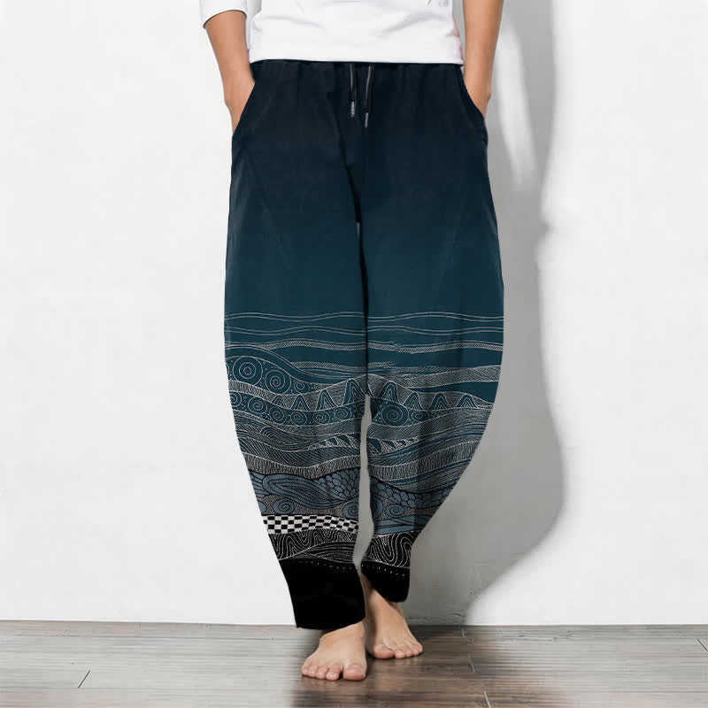 Nimara Ritual Pure Cotton Tribal Wave Pattern Drawstring Men's Tapered Pants With Pockets