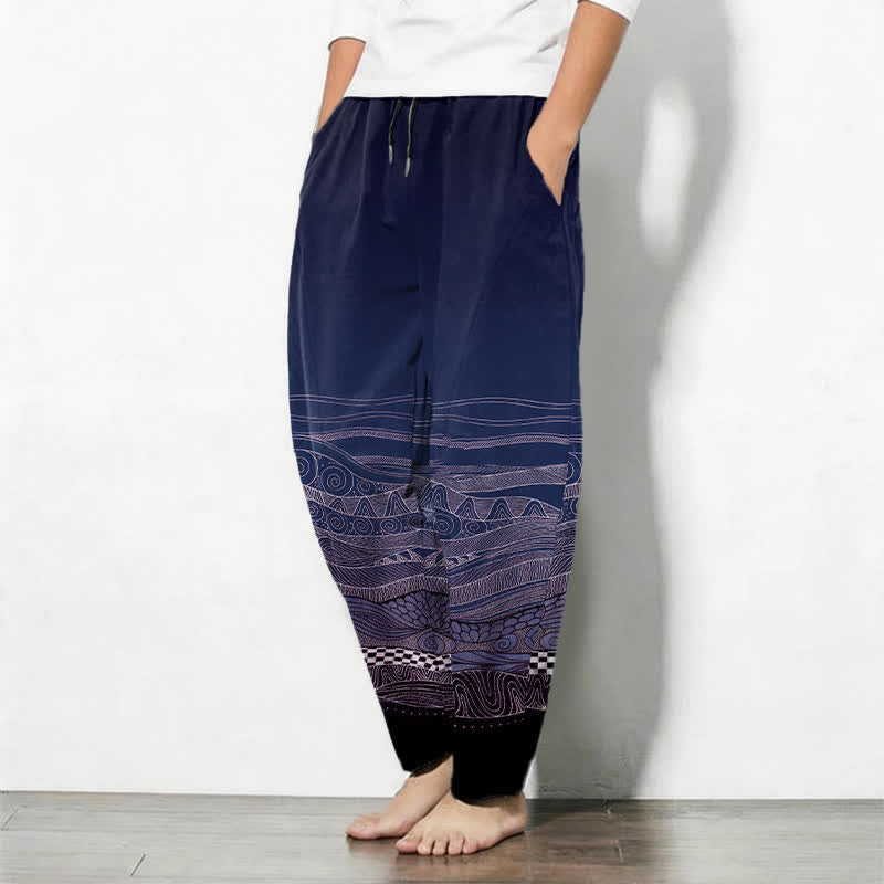 Nimara Ritual Pure Cotton Tribal Wave Pattern Drawstring Men's Tapered Pants With Pockets