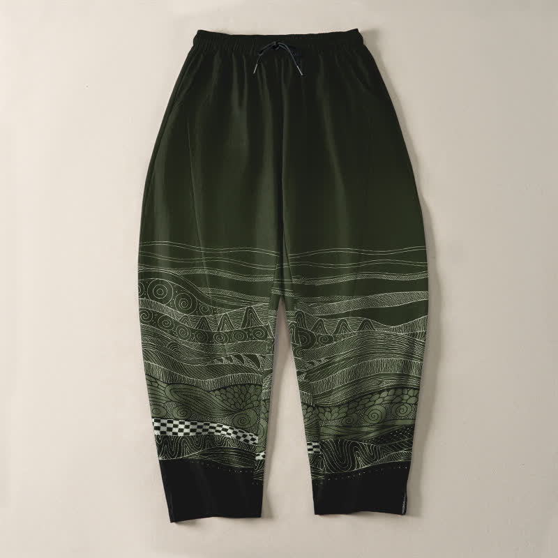 Nimara Ritual Pure Cotton Tribal Wave Pattern Drawstring Men's Tapered Pants With Pockets