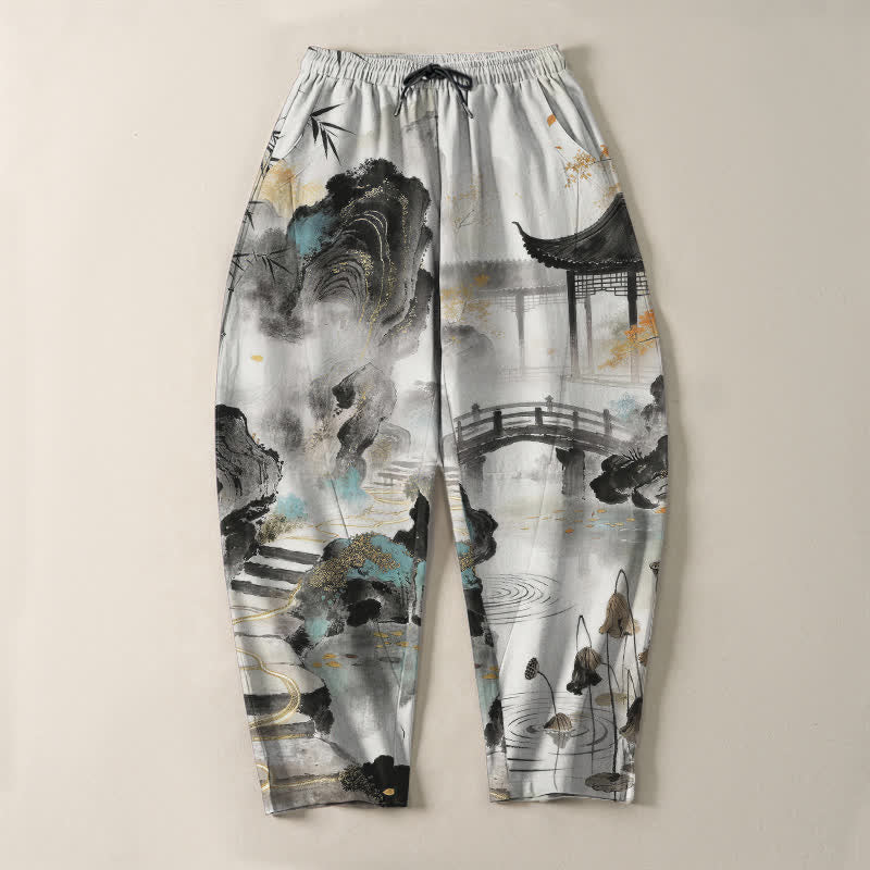 Nimara Ritual Pure Cotton Ink Landscape Bamboo Pattern Drawstring Men's Tapered Pants With Pockets