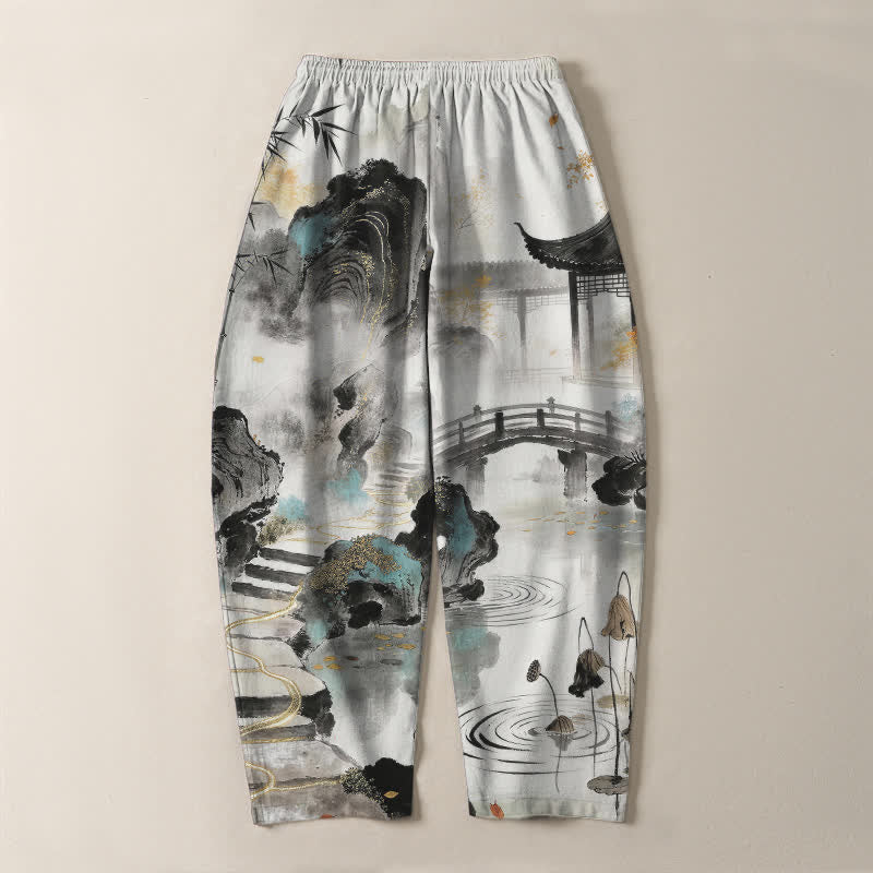 Nimara Ritual Pure Cotton Ink Landscape Bamboo Pattern Drawstring Men's Tapered Pants With Pockets