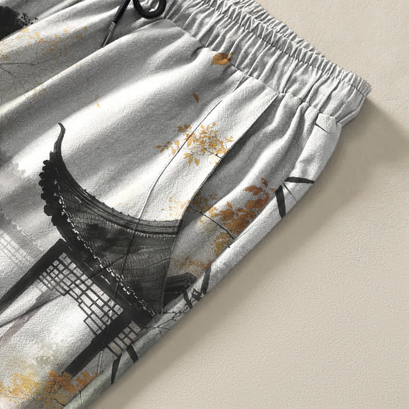 Nimara Ritual Pure Cotton Ink Landscape Bamboo Pattern Drawstring Men's Tapered Pants With Pockets
