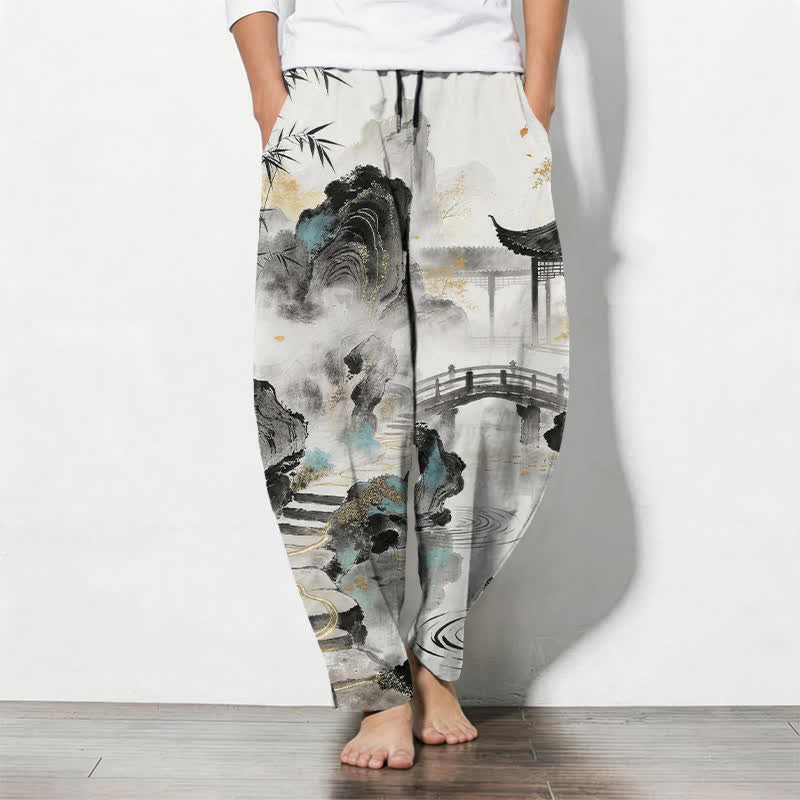 Nimara Ritual Pure Cotton Ink Landscape Bamboo Pattern Drawstring Men's Tapered Pants With Pockets