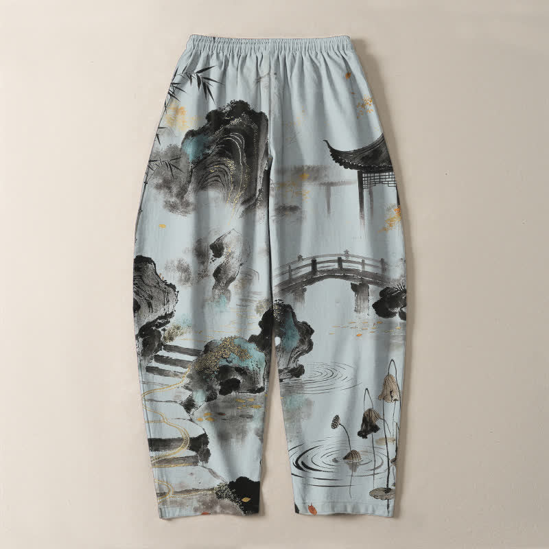 Nimara Ritual Pure Cotton Ink Landscape Bamboo Pattern Drawstring Men's Tapered Pants With Pockets
