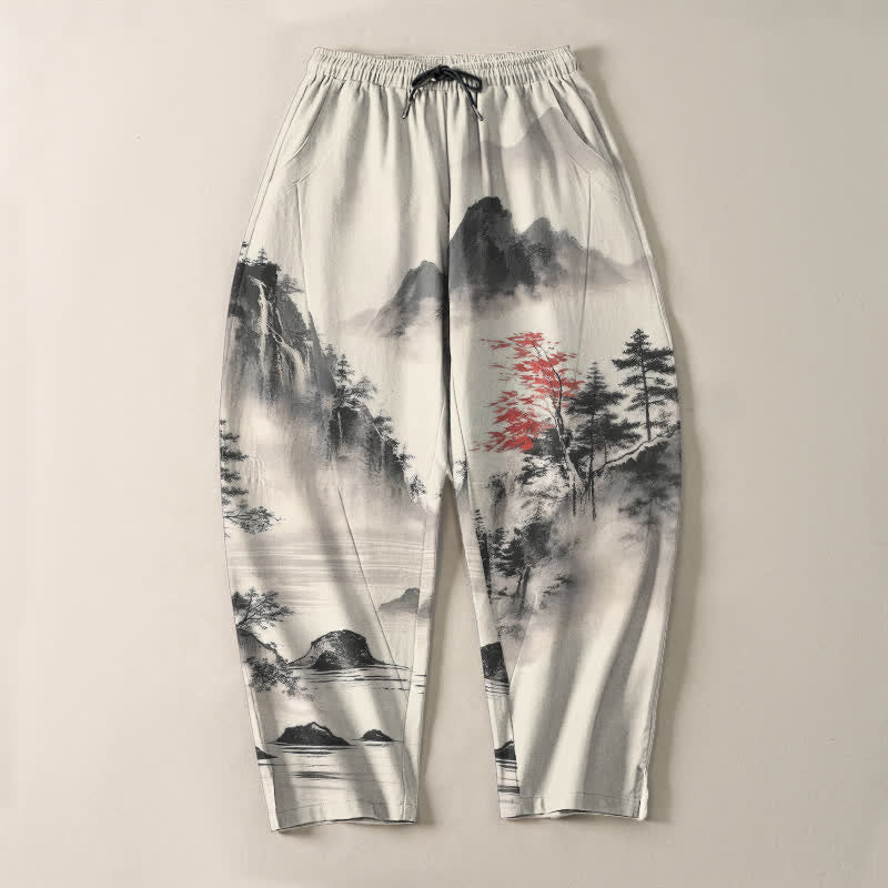 Nimara Ritual Pure Cotton Ink Wash Mountain Landscape Pattern Drawstring Men's Tapered Pants With Pockets