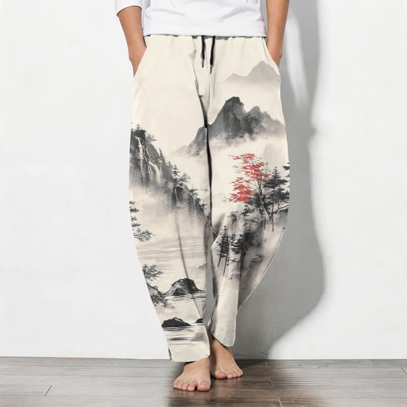 Nimara Ritual Pure Cotton Ink Wash Mountain Landscape Pattern Drawstring Men's Tapered Pants With Pockets