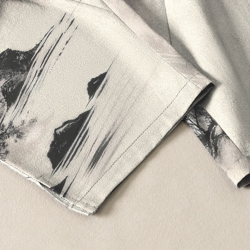 Nimara Ritual Pure Cotton Ink Wash Mountain Landscape Pattern Drawstring Men's Tapered Pants With Pockets