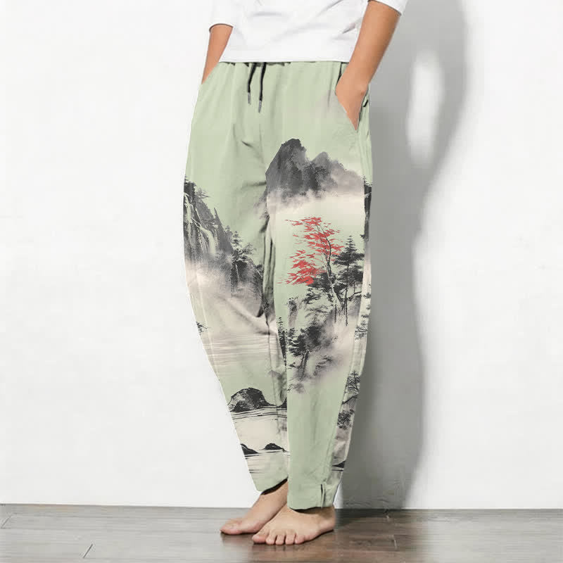 Nimara Ritual Pure Cotton Ink Wash Mountain Landscape Pattern Drawstring Men's Tapered Pants With Pockets