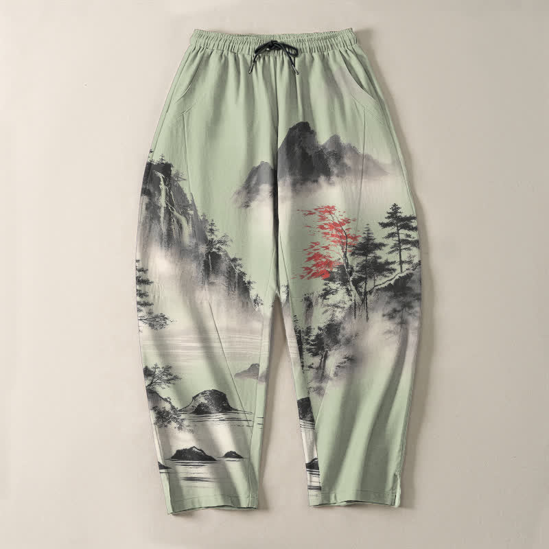Nimara Ritual Pure Cotton Ink Wash Mountain Landscape Pattern Drawstring Men's Tapered Pants With Pockets