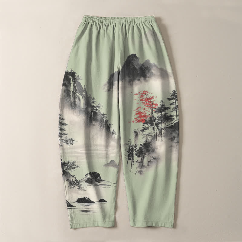 Nimara Ritual Pure Cotton Ink Wash Mountain Landscape Pattern Drawstring Men's Tapered Pants With Pockets