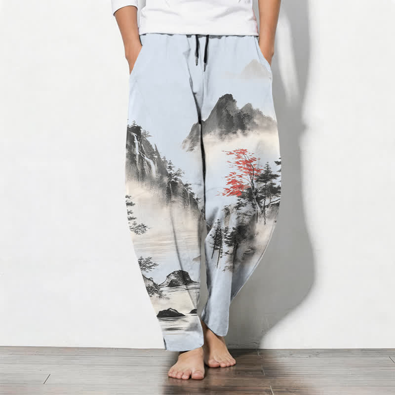 Nimara Ritual Pure Cotton Ink Wash Mountain Landscape Pattern Drawstring Men's Tapered Pants With Pockets