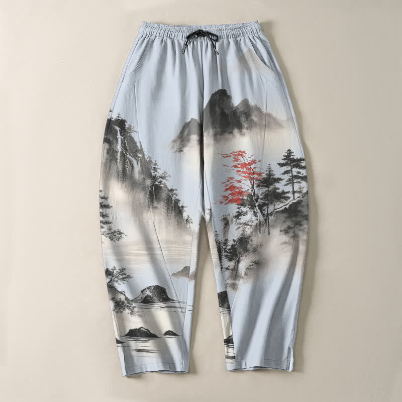 Nimara Ritual Pure Cotton Ink Wash Mountain Landscape Pattern Drawstring Men's Tapered Pants With Pockets