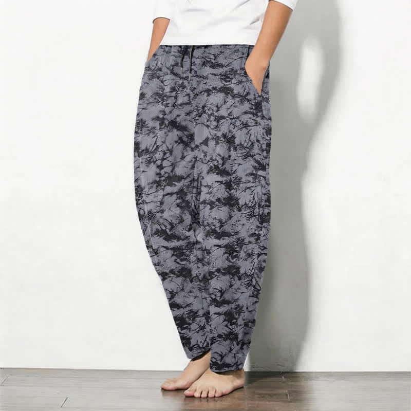Nimara Ritual Pure Cotton Dark Marble Camo Pattern Drawstring Men's Tapered Pants With Pockets