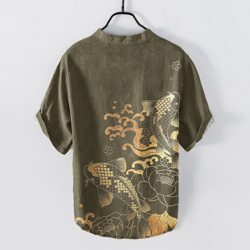 Nimara Ritual Cotton Koi Fish Peony Pattern Men's Short Sleeve Half Button Shirt