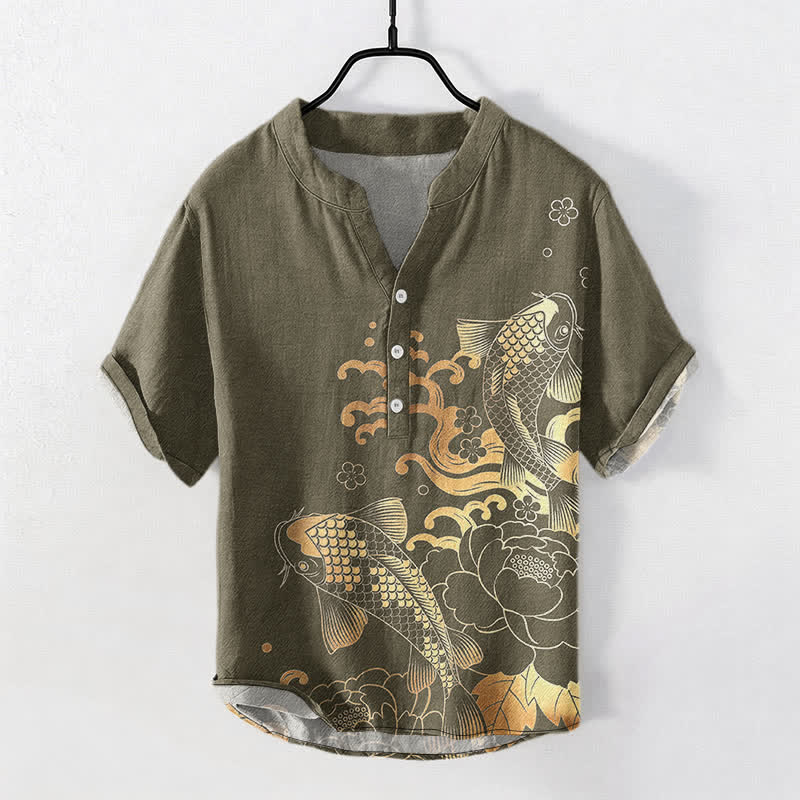 Nimara Ritual Cotton Koi Fish Peony Pattern Men's Short Sleeve Half Button Shirt